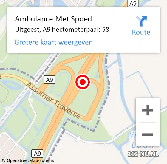 Locatie op kaart van de 112 melding: Ambulance Met Spoed Naar Uitgeest, A9 hectometerpaal: 58 op 19 december 2023 15:56