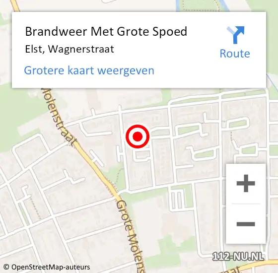 Locatie op kaart van de 112 melding: Brandweer Met Grote Spoed Naar Elst, Wagnerstraat op 19 december 2023 16:02