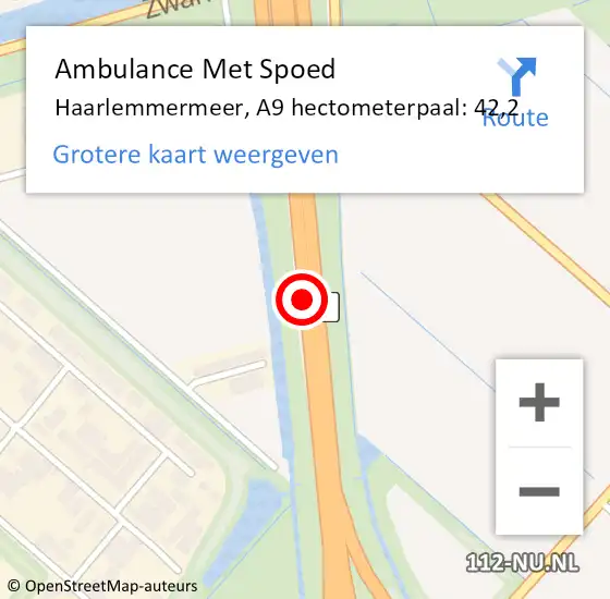 Locatie op kaart van de 112 melding: Ambulance Met Spoed Naar Haarlemmermeer, A9 hectometerpaal: 42,2 op 19 december 2023 16:33