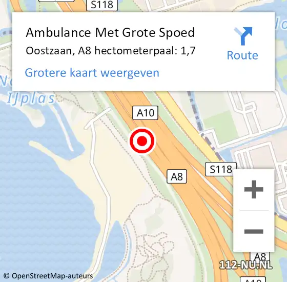 Locatie op kaart van de 112 melding: Ambulance Met Grote Spoed Naar Oostzaan, A8 hectometerpaal: 1,7 op 19 december 2023 17:13