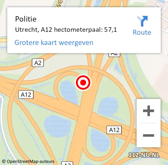 Locatie op kaart van de 112 melding: Politie Utrecht, A12 hectometerpaal: 57,1 op 19 december 2023 17:30