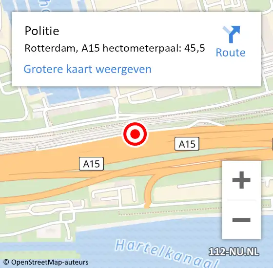 Locatie op kaart van de 112 melding: Politie Rotterdam, A15 hectometerpaal: 45,5 op 19 december 2023 17:36