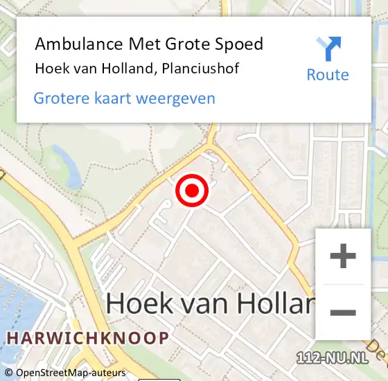 Locatie op kaart van de 112 melding: Ambulance Met Grote Spoed Naar Hoek van Holland, Planciushof op 19 december 2023 17:42