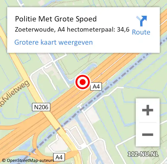 Locatie op kaart van de 112 melding: Politie Met Grote Spoed Naar Zoeterwoude, A4 hectometerpaal: 34,6 op 19 december 2023 17:51