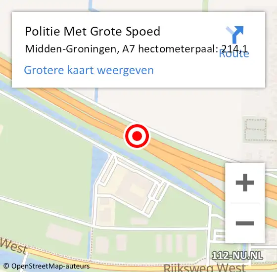 Locatie op kaart van de 112 melding: Politie Met Grote Spoed Naar Midden-Groningen, A7 hectometerpaal: 214,1 op 19 december 2023 17:55