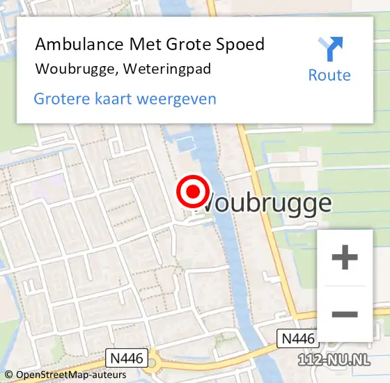 Locatie op kaart van de 112 melding: Ambulance Met Grote Spoed Naar Woubrugge, Weteringpad op 19 december 2023 19:23