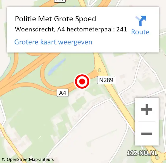 Locatie op kaart van de 112 melding: Politie Met Grote Spoed Naar Woensdrecht, A4 hectometerpaal: 241 op 20 december 2023 00:06