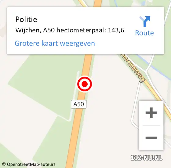 Locatie op kaart van de 112 melding: Politie Wijchen, A50 hectometerpaal: 143,6 op 20 december 2023 06:45