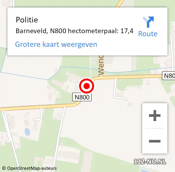 Locatie op kaart van de 112 melding: Politie Barneveld, N800 hectometerpaal: 17,4 op 20 december 2023 06:51