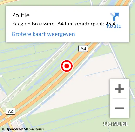 Locatie op kaart van de 112 melding: Politie Kaag en Braassem, A4 hectometerpaal: 25,4 op 20 december 2023 11:20