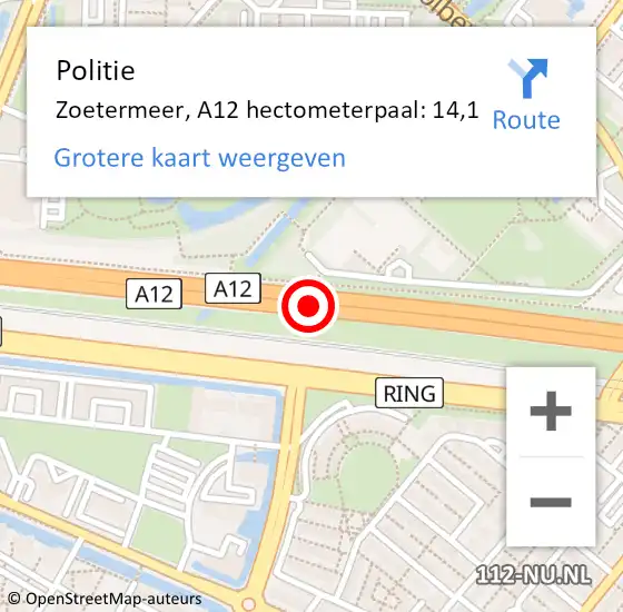 Locatie op kaart van de 112 melding: Politie Zoetermeer, A12 hectometerpaal: 14,1 op 20 december 2023 11:26