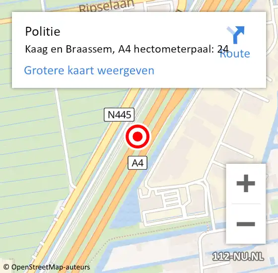 Locatie op kaart van de 112 melding: Politie Kaag en Braassem, A4 hectometerpaal: 24 op 20 december 2023 11:59