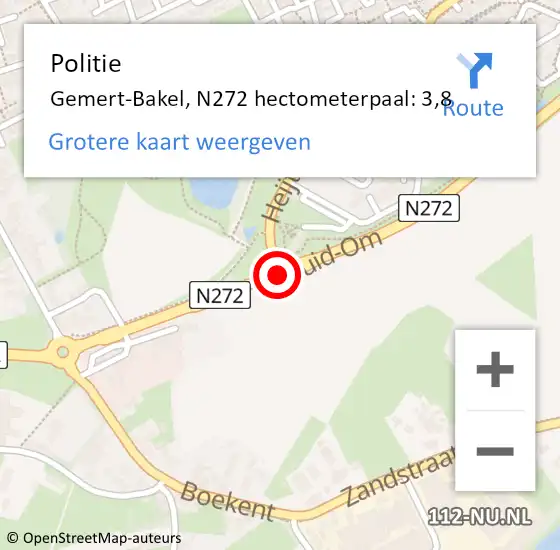 Locatie op kaart van de 112 melding: Politie Gemert-Bakel, N272 hectometerpaal: 3,8 op 20 december 2023 14:29