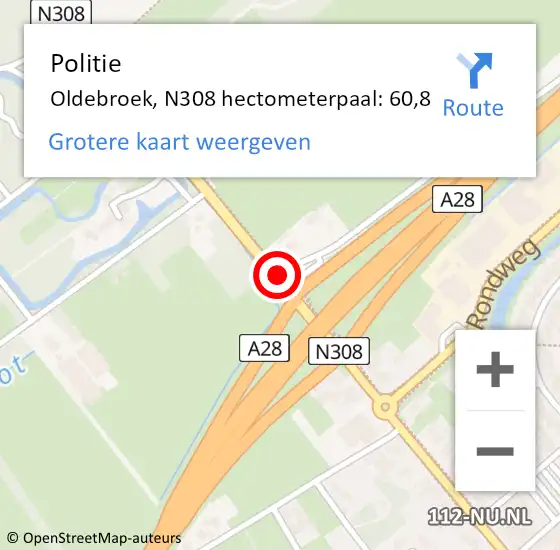 Locatie op kaart van de 112 melding: Politie Oldebroek, N308 hectometerpaal: 60,8 op 20 december 2023 14:33