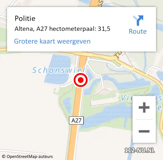 Locatie op kaart van de 112 melding: Politie Altena, A27 hectometerpaal: 31,5 op 20 december 2023 16:50