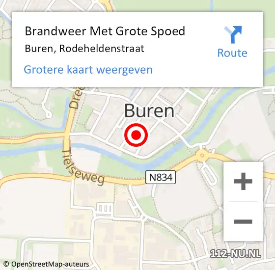 Locatie op kaart van de 112 melding: Brandweer Met Grote Spoed Naar Buren, Rodeheldenstraat op 20 december 2023 17:13