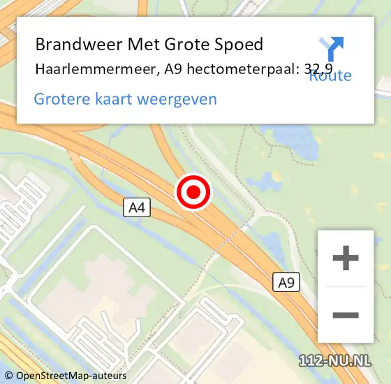 Locatie op kaart van de 112 melding: Brandweer Met Grote Spoed Naar Haarlemmermeer, A9 hectometerpaal: 32,9 op 20 december 2023 17:20