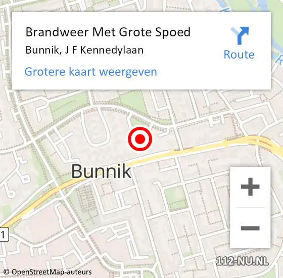 Locatie op kaart van de 112 melding: Brandweer Met Grote Spoed Naar Bunnik, J F Kennedylaan op 20 december 2023 17:22