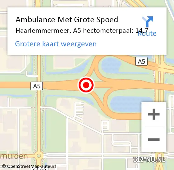 Locatie op kaart van de 112 melding: Ambulance Met Grote Spoed Naar Haarlemmermeer, A5 hectometerpaal: 14,7 op 20 december 2023 18:55