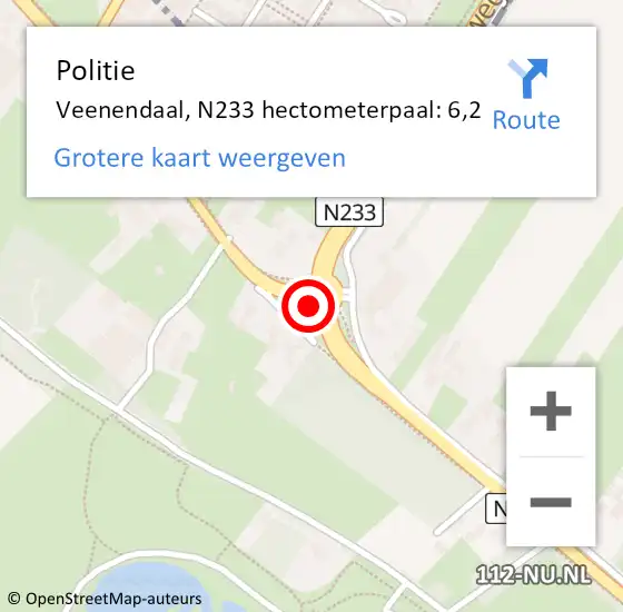 Locatie op kaart van de 112 melding: Politie Veenendaal, N233 hectometerpaal: 6,2 op 20 december 2023 22:25