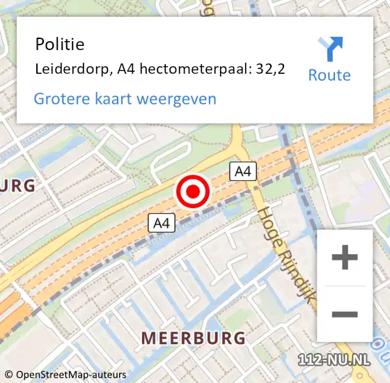 Locatie op kaart van de 112 melding: Politie Leiderdorp, A4 hectometerpaal: 32,2 op 20 december 2023 23:50