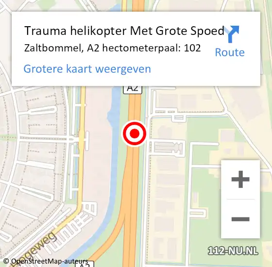 Locatie op kaart van de 112 melding: Trauma helikopter Met Grote Spoed Naar Zaltbommel, A2 hectometerpaal: 102 op 21 december 2023 01:15
