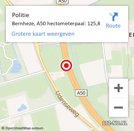 Locatie op kaart van de 112 melding: Politie Bernheze, A50 hectometerpaal: 125,8 op 21 december 2023 04:07