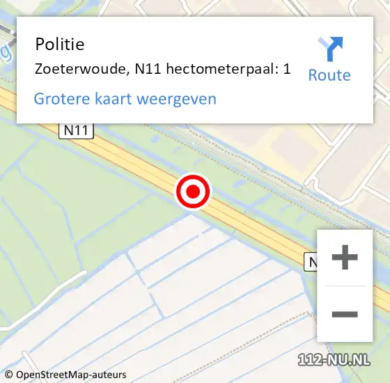 Locatie op kaart van de 112 melding: Politie Zoeterwoude, N11 hectometerpaal: 1 op 21 december 2023 08:16