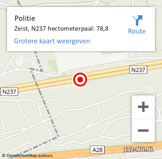 Locatie op kaart van de 112 melding: Politie Zeist, N237 hectometerpaal: 78,8 op 21 december 2023 08:18