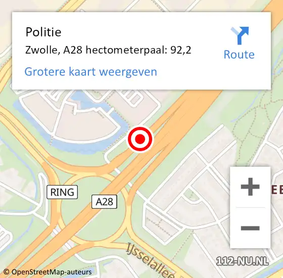 Locatie op kaart van de 112 melding: Politie Zwolle, A28 hectometerpaal: 92,2 op 21 december 2023 08:29