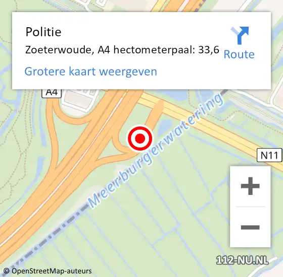 Locatie op kaart van de 112 melding: Politie Zoeterwoude, A4 hectometerpaal: 33,6 op 21 december 2023 08:41