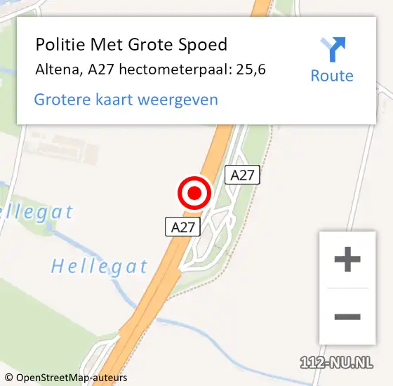 Locatie op kaart van de 112 melding: Politie Met Grote Spoed Naar Altena, A27 hectometerpaal: 25,6 op 21 december 2023 08:49