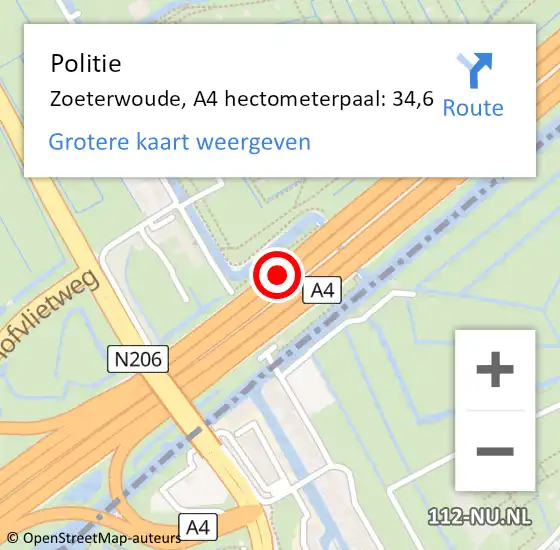 Locatie op kaart van de 112 melding: Politie Zoeterwoude, A4 hectometerpaal: 34,6 op 21 december 2023 11:26