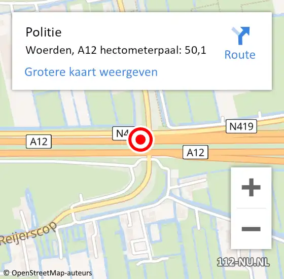 Locatie op kaart van de 112 melding: Politie Woerden, A12 hectometerpaal: 50,1 op 21 december 2023 12:45