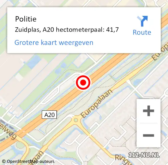 Locatie op kaart van de 112 melding: Politie Zuidplas, A20 hectometerpaal: 41,7 op 21 december 2023 13:46