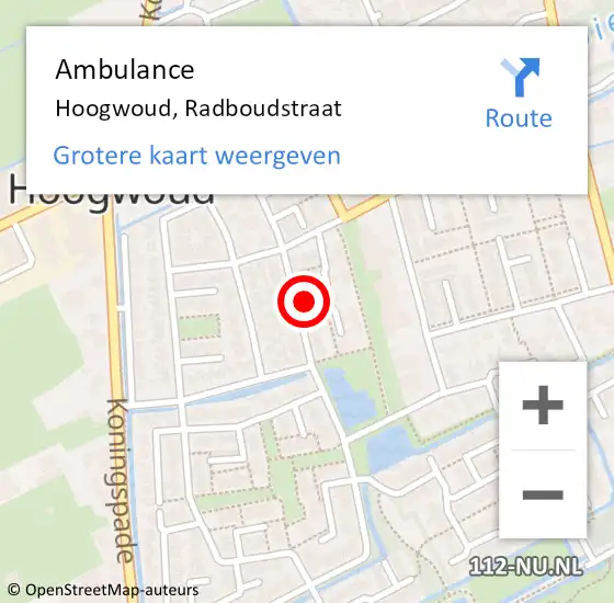 Locatie op kaart van de 112 melding: Ambulance Hoogwoud, Radboudstraat op 21 december 2023 14:40