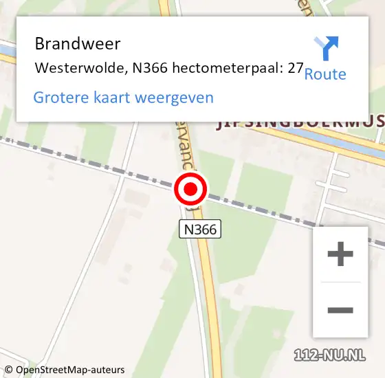Locatie op kaart van de 112 melding: Brandweer Westerwolde, N366 hectometerpaal: 27 op 21 december 2023 14:43