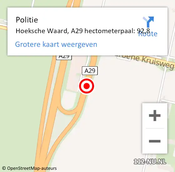 Locatie op kaart van de 112 melding: Politie Hoeksche Waard, A29 hectometerpaal: 92,8 op 21 december 2023 14:52