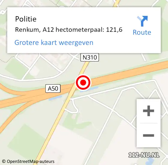 Locatie op kaart van de 112 melding: Politie Renkum, A12 hectometerpaal: 121,6 op 21 december 2023 15:15