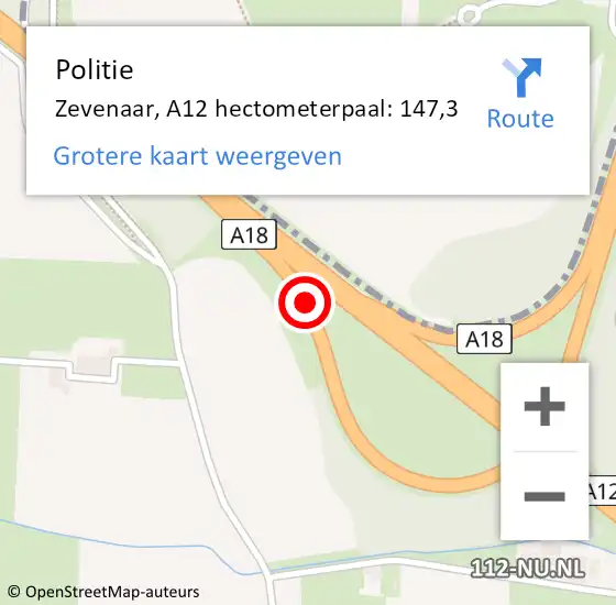 Locatie op kaart van de 112 melding: Politie Zevenaar, A12 hectometerpaal: 147,3 op 21 december 2023 15:42