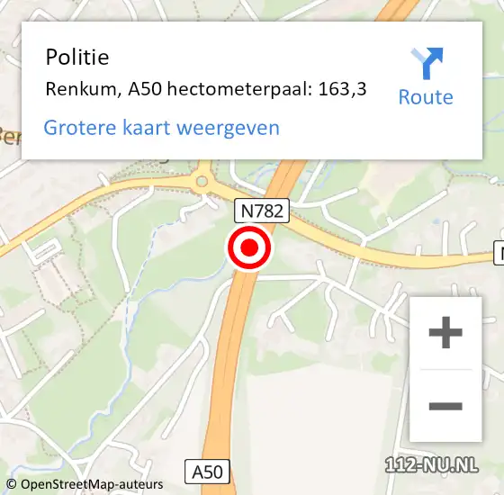 Locatie op kaart van de 112 melding: Politie Renkum, A50 hectometerpaal: 163,3 op 21 december 2023 15:47