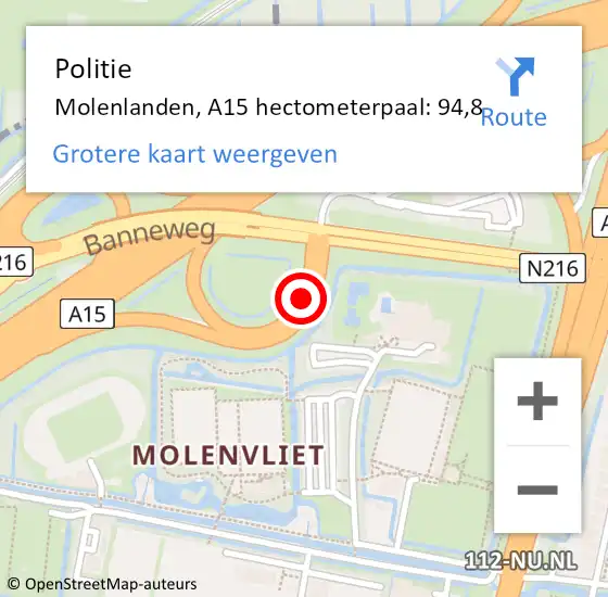 Locatie op kaart van de 112 melding: Politie Molenlanden, A15 hectometerpaal: 94,8 op 21 december 2023 16:18