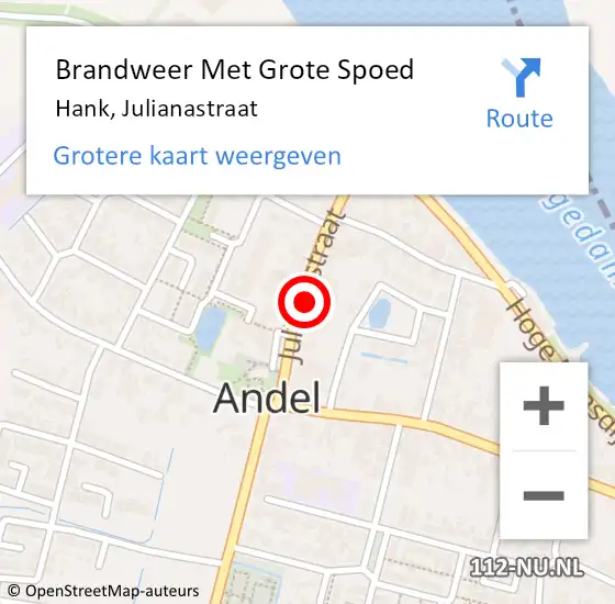 Locatie op kaart van de 112 melding: Brandweer Met Grote Spoed Naar Hank, Julianastraat op 21 december 2023 16:36