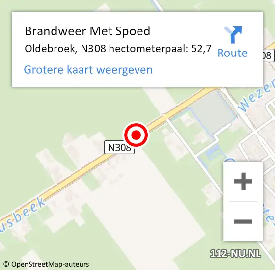 Locatie op kaart van de 112 melding: Brandweer Met Spoed Naar Oldebroek, N308 hectometerpaal: 52,7 op 21 december 2023 16:42