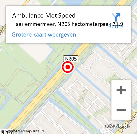 Locatie op kaart van de 112 melding: Ambulance Met Spoed Naar Haarlemmermeer, N205 hectometerpaal: 21,9 op 21 december 2023 17:42