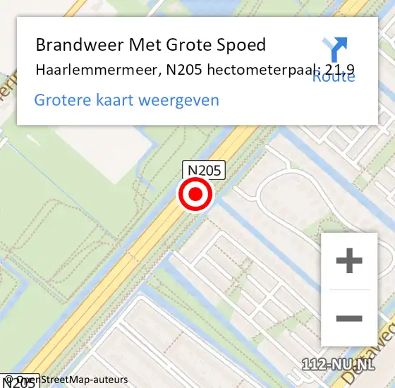 Locatie op kaart van de 112 melding: Brandweer Met Grote Spoed Naar Haarlemmermeer, N205 hectometerpaal: 21,9 op 21 december 2023 17:44