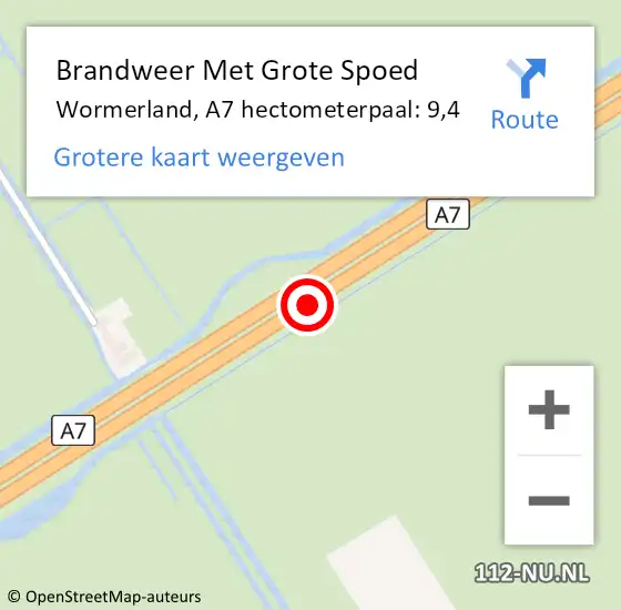 Locatie op kaart van de 112 melding: Brandweer Met Grote Spoed Naar Wormerland, A7 hectometerpaal: 9,4 op 21 december 2023 18:06