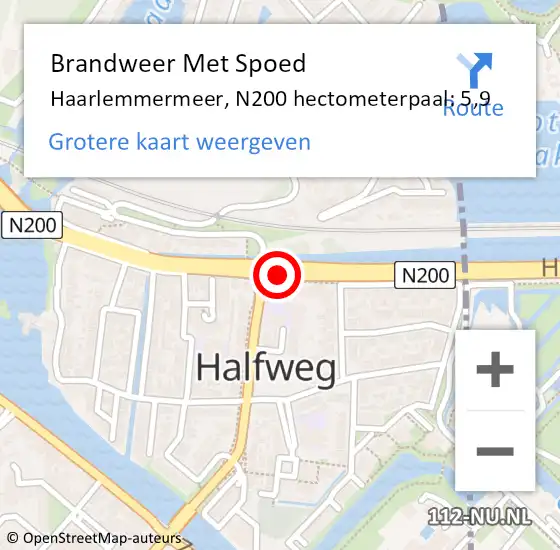 Locatie op kaart van de 112 melding: Brandweer Met Spoed Naar Haarlemmermeer, N200 hectometerpaal: 5,9 op 21 december 2023 18:09