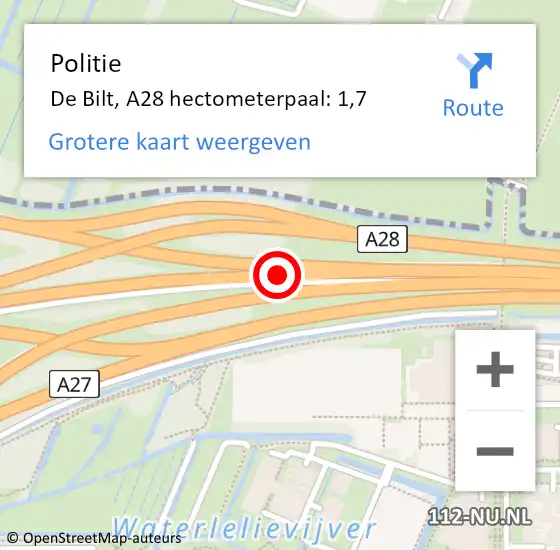 Locatie op kaart van de 112 melding: Politie De Bilt, A28 hectometerpaal: 1,7 op 21 december 2023 18:16