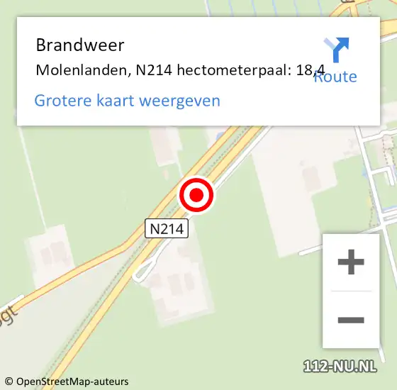 Locatie op kaart van de 112 melding: Brandweer Molenlanden, N214 hectometerpaal: 18,4 op 21 december 2023 18:21